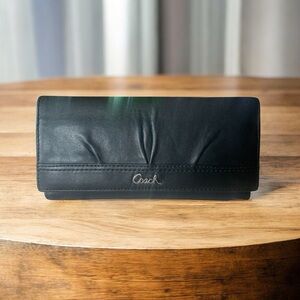 Vtg COACH Soho Leather Wallet Trifold Soft Slim Black Pleated Blue Lining Clutch